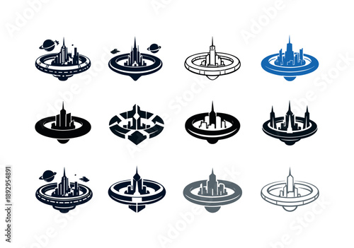Futuristic Space City Icons. Futuristic space city. Icon set. Set Logo of Futuristic space city: space habitat ring city. harmonious logo variations of the