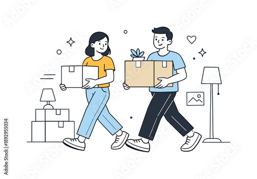 New Beginning Together. Moving in together illustration. A couple carrying boxes into a new apartment, smiling and coordinating their steps. Calm sense of