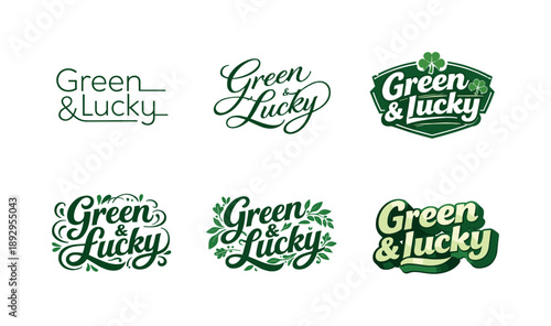 Variety of Lettering Styles. Green & Lucky. Set lettering. harmonious lettering variations of the same emblematic concept, each with different artistic