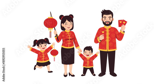 Family in Traditional Chinese Outfits Celebrating.