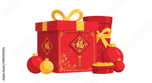 Red Gift Boxes with Golden Accents.