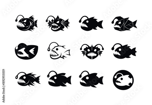 Abyssal Fish Logos. Fish in the deep. Icon set. Set Logo of Fish in the deep: isolated abyssal fish. harmonious logo variations of the same emblematic concept,
