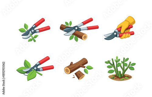 Garden Shears Icons. Shears in Use. Isometric flat vector icons set of Shears in Use: pruning shears cutting stem, shears trimming branch, hand holding garden