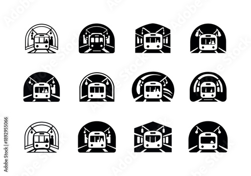 Subway Train Logos. A subway train moving through underground tunnels, with passengers inside. Icon set. Set Logo of a subway train moving through underground