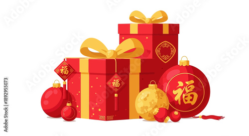 Red Gift Boxes with Golden Ribbons and Ornaments.
