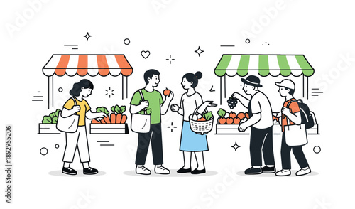 Vibrant Market Scene. Street market people. A small group of people browsing fresh produce at an outdoor market, calm movement between stalls and friendly