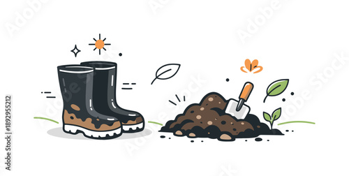 Muddy Boots Serenity. Muddy boots and spring soil. Clean modern scene with a pair of muddy garden boots beside soft, freshly dug soil, expressing hands-on