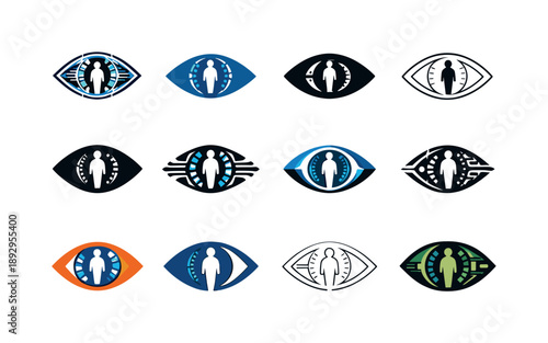 Synthetic Consciousness Icons. Synthetic consciousness and humanity. Icon set. Set Logo of Synthetic consciousness and humanity: eye with digital iris and