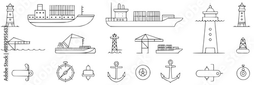 Maritime navigation and communication icons set with lighthouse, ships, buoys, and navigational symbols in minimalist line art style, suitable for maritime signage, apps, and educational materials