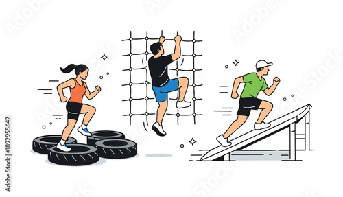 Dynamic Obstacle Race. Outdoor fitness obstacle race. Runners navigating tires, ropes, and ramps, emphasizing endurance and movement. Dynamic editorial scene