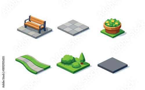 Isometric Public Seating Icons. Public seating. Isometric flat vector icons set of public seating: bench with armrests, surrounding pavement tiles, small