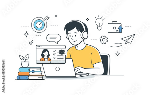 Online Learning Journey. Career development learning. Person studying online courses on a laptop with books nearby. Continuous learning and skill improvement