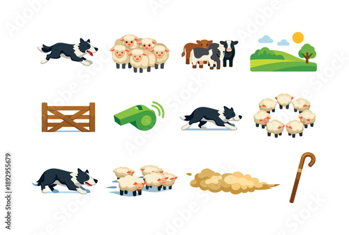 Colorful Herding Icons. Herding Scenes. Colorful flat vector icons set of Herding Scenes: running sheepdog, sheep cluster, cattle herd, open pasture, wooden