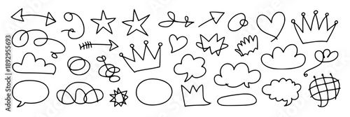 Playful hand‑drawn doodle collage of whimsical creatures, flora and abstract shapes on a clean white background, vibrant yet airy composition featuring animals, hearts, stars with flowers and