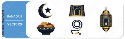 Ramadan symbols and objects in elegant gold and blue