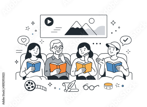 Calm Movie Engagement. Audience reaction to adaptation. People watching a movie while holding books, sharing a calm emotional response. The illustration