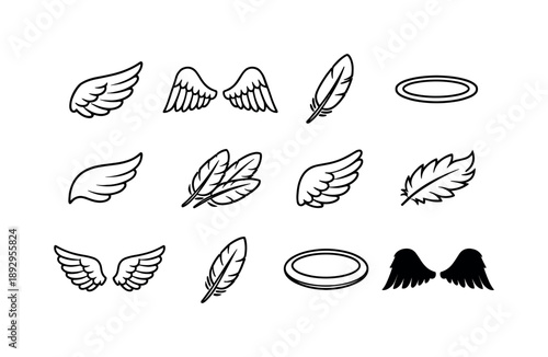 Angel Wings Line Icons. Angel wings. Line icon set of angel wings: single wing, double wings, feather outline, halo ring, wing curve, feather cluster, wing tip