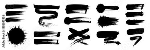 Collection of black ink brush strokes with varied textures and shapes, artistic ink markings for calligraphy, abstract painting, logo design, and expressive art projects