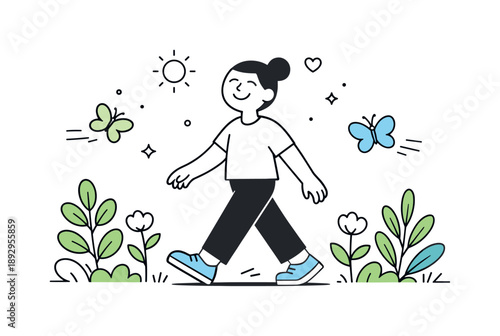 Spring Serenity Scene. Spring mood and positivity. A relaxed character walking among plants and butterflies, expressing lightness and optimism. Friendly