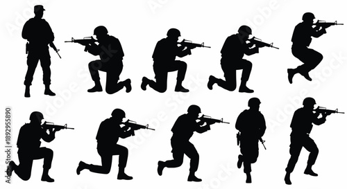 Soldier Silhouettes in Various Poses with Rifles vector