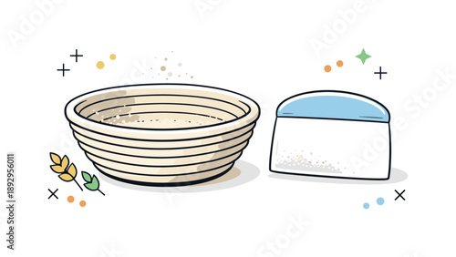 Minimalist Baking Essentials. Neutral sourdough starter tools. Banneton and scraper shown with subtle flour accents and soft shadows. Natural textures,