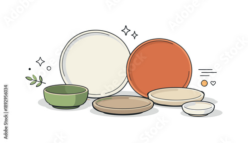 Minimalist Ceramic Dinnerware. Earthy ceramic plates. An editorial scene showing a stoneware dinnerware set with various sizes, from large dinner plates to