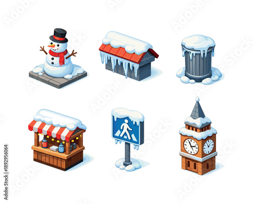 Winter City Icons. Winter city details. Isometric flat vector icons set of Winter city details: snowman on sidewalk, icicles on roof edge, frozen trash can,