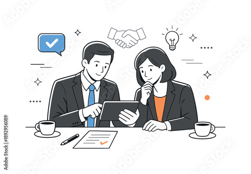 Business Negotiation Agreement. Negotiation scene agreement. Business partners reviewing terms on a tablet, focused attention and thoughtful decision making.