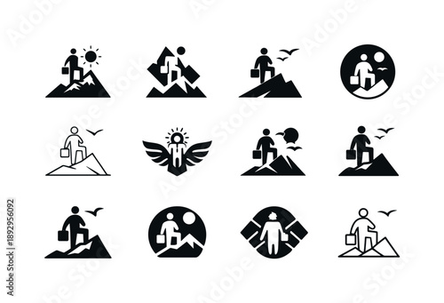 Entrepreneur Emblem Icons. Entrepreneur lifestyle. Icon set. Set Logo of Entrepreneur lifestyle: productivity and freedom emblem. harmonious logo variations of