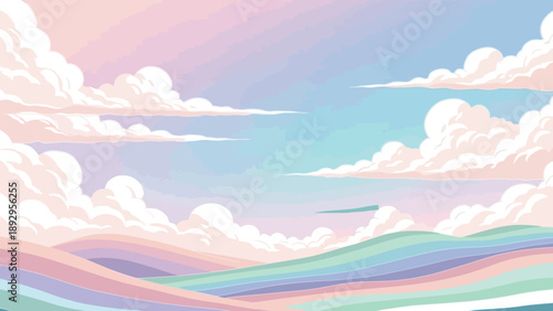 Pastel colored landscape with rolling hills and fluffy clouds