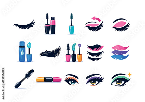 LashFocus Icon Set. LashFocus. Colorful flat vector icons set of LashFocus: long lash icon, volumizing mascara, lengthening wand, lash curl, waterproof tube,