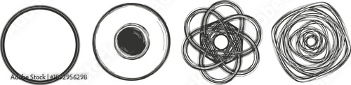 Hand-drawn circular abstract vector elements, evolving complexity, minimal to chaotic style, modern design, artistic pattern, creative concept