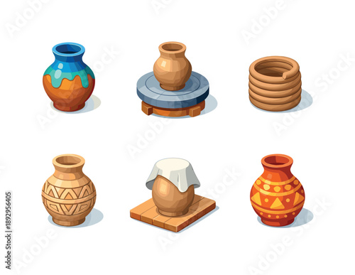 Ceramic Vase Icons. Handmade Ceramic Vase. Isometric flat vector icons set of Handmade Ceramic Vase: ceramic vase with glaze texture, pottery wheel base, clay