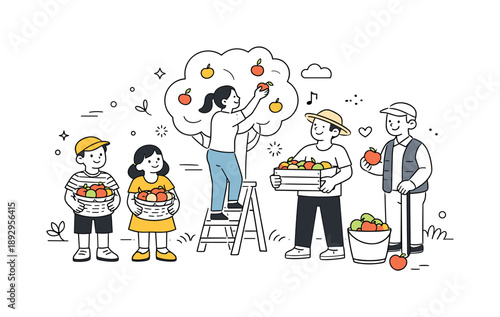 Apple Harvest Joy. Family apple picking harvest. Children holding baskets with apples while adults assist, simple joy and seasonal harvest feeling. Minimalist