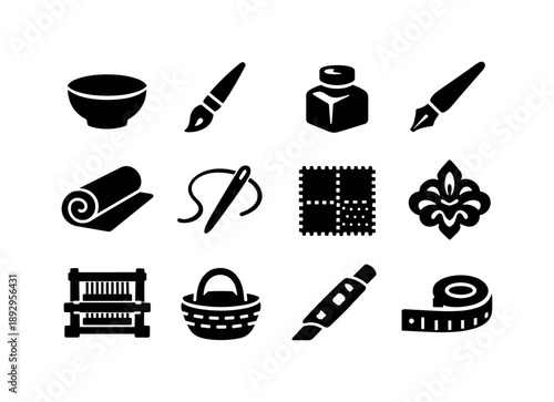 Traditional Handicrafts Icons. Traditional handicrafts. Solid icon set of Traditional handicrafts: ceramic bowl, paint brush, ink bottle, calligraphy pen,