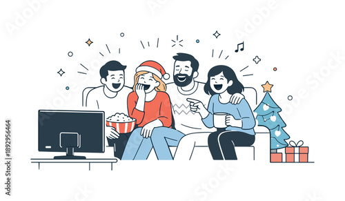 Joyful Holiday Viewing. Group watching holiday TV special reactions. People laughing and reacting together to a funny moment on screen. Shared emotions and