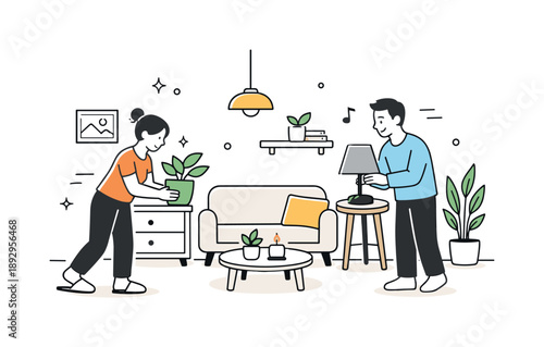 Cozy Home Decorating. Couple decorating home. Couple placing plants and lamps to create a cozy interior. Calm everyday scene focused on comfort, balance, and