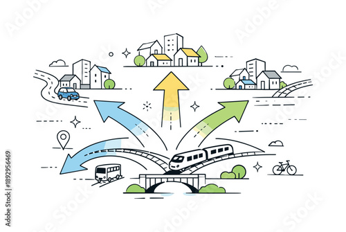 Urban Expansion Illustration. Expanding infrastructure. Roads and transit lines extending toward new neighborhoods, smooth connections and accessibility,