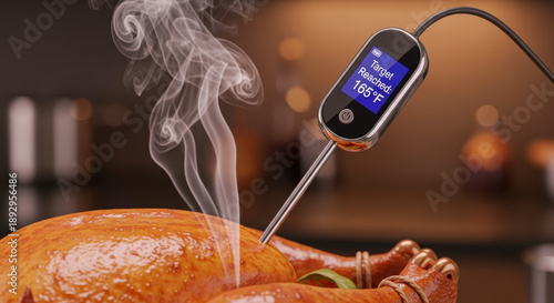 Smart Meat Thermometer Displaying Target Temperature Reached in Thanksgiving Turkey, High-Tech Culinary Product