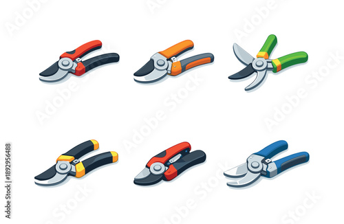 Pruning Shears Icons. Pruning Shears. Isometric flat vector icons set of Pruning Shears: bypass pruning shears, anvil garden shears, open shears position,
