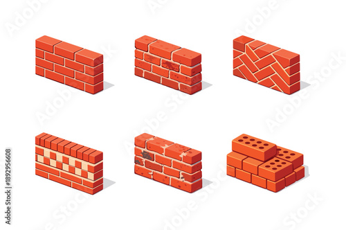 Colorful Brick Textures. Brick textures. Isometric flat vector icons set of brick textures: smooth red brick wall, rough surface brick wall, clean geometric