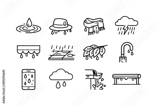 Rainy Day Icons. Rainy Day. Line icon set of rainy day: raindrop hitting puddle, wet hat, soaked scarf, storm horizon, dripping awning, rain-slick sidewalk,