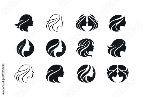 Feminine Beauty Logos. feminine beauty. Icon set. Set Logo of feminine beauty: flowing hair shape. harmonious logo variations of the same emblematic concept,