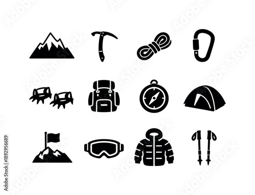 Mountain Expedition Icons. Mountain Expedition. Solid icon set of Mountain Expedition: snow mountain, ice axe, climbing rope, carabiner, crampons, backpack,