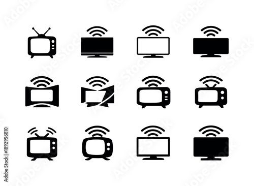 Television Evolution Icons. Historical evolution of television. Icon set. Set Logo of Historical evolution of television: smart TV with signal waves.