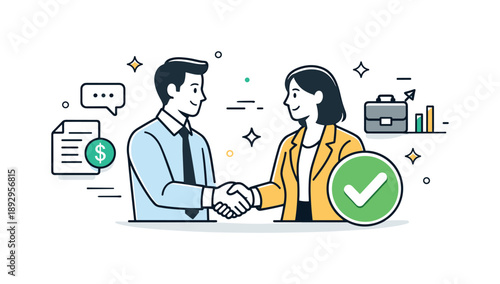 Successful Sales Agreement. Sales discussion agreement. Handshake or approval gesture with a checkmark icon nearby. Positive outcome and successful deal.