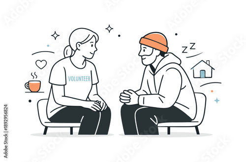 Shelter Care Interaction. Volunteering at shelter care moment. Volunteer sitting and talking with a shelter guest, attentive listening and calm posture.
