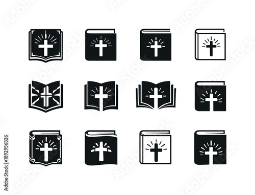 Theology Book Logos. theology books. Icon set. Set Logo of theology books: closed holy book with emblem. harmonious logo variations of the same emblematic