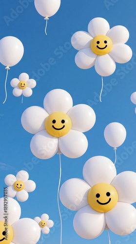 3D Render of White Daisy Flower Balloons with Smiley Faces Floating in Blue Sky