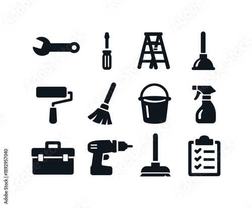 Building Maintenance Icons. Building maintenance. Solid icon set of building maintenance: wrench, screwdriver, ladder, plunger, paint roller, broom, bucket,